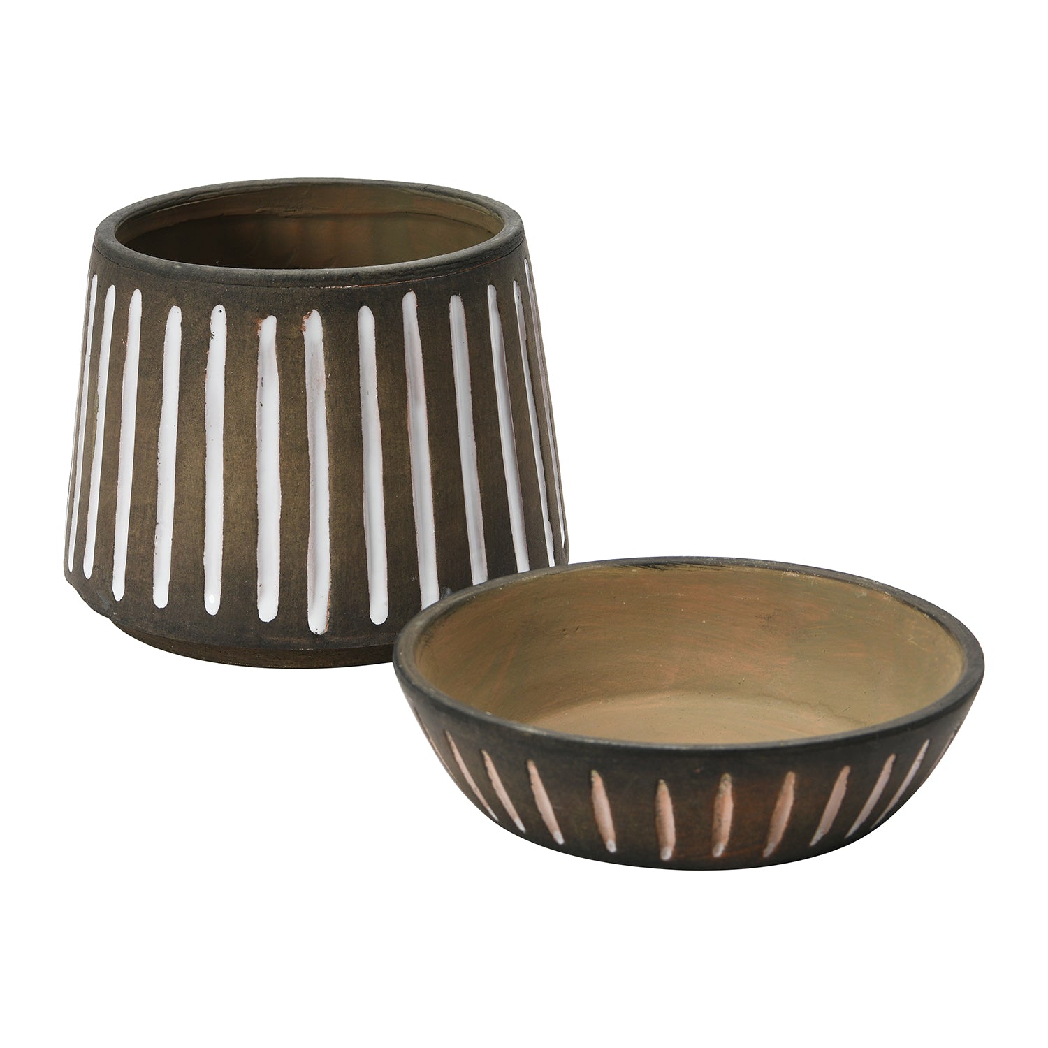 A brown terracotta pot with white stripes pattern, including a saucer, displayed against a white background.